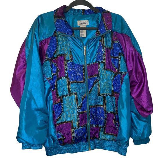 Basic Editions 80s Bomber Zip Up Jacket Bright Purple and Blue Abstract 90s - Picture 1 of 6